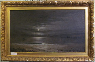 Oil on canvas, "Moonlit Seascape with Harbour in Distance" 17"  x 31"
