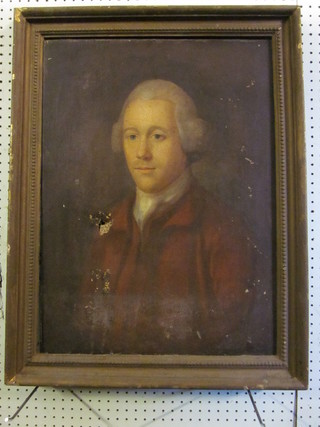 An 18th Century oil on canvas head and shoulders portrait "Gentleman Wearing a Red Coat" 24" x 18", holed and some  paint loss  ILLUSTRATED
