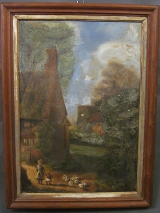 A 19th Century oil on canvas "Study of a Cottage, Children and Geese" 22" x 15 1/2"
