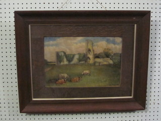 Oil on board "Pevensey Castle with Seated Cattle" 8" x 13", indistinctly signed