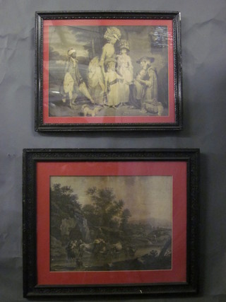 18th Century monochrome print "Charity" 14" x 18" contained in  an ebonised frame and 1 other "Driving Cattle"