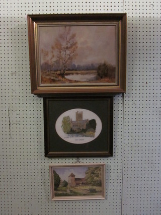 Oil on board "Hedley Heath - Rural Scene with River and Trees" 11" x 15", a watercolour "Country Church" 7" x 11" and a stitchwork picture   of Wells Cathedral 7" oval