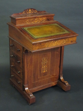A Victorian inlaid rosewood Davenport desk with raised  stationery box to the back, the pedestal fitted 4 long drawers,  locked, 21"  ILLUSTRATED