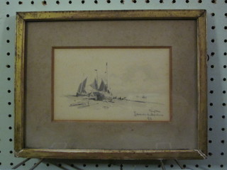 A pencil drawing "Beached Fishing Boat Brighton" dated '98 4" x 6"