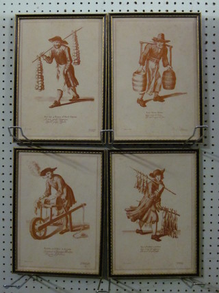A set of 4 monochrome prints "Street Vendors Buy a Rabbit,  Knife Sharpener, New River Water and Buy Rope of Oranges"  11" x 8" contained in Hogarth frames