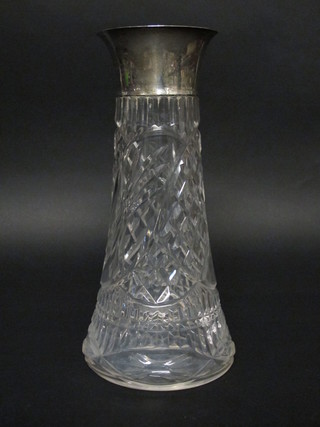 A cut glass waisted vase with silver rim, Birmingham 1911 14"