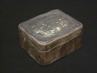 A modern rectangular leather trinket box with hinged lid and  embossed silver lid 3"