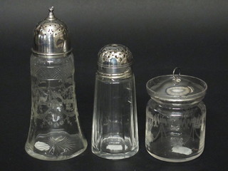 A circular etched glass preserve jar with silver lid, chips to rim, Birmingham 1914, an etched glass sugar sifter and 1 other, f,