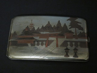 A Japanese white metal cigarette case with niello decoration, marked silver,