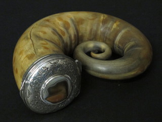 A large 19th Century rams horn snuff mull with engraved white metal dish inset a hardstone 6", some cracks   ILLUSTRATED
