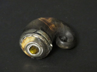 A 19th Century rams horn snuff mull with white metal and horn  lid set a hardstone, mount f, 3"  ILLUSTRATED