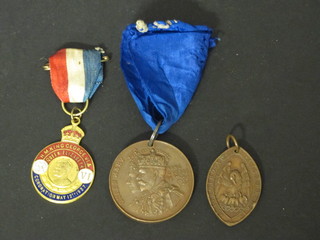 A George V bronze Coronation medal, a Guild of Servants of The Sanctuary bronze medal and a George VI gilt metal and  enamelled bronze Coronation medal