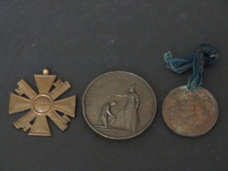 A Continental bronze cross marked MVS, a bronze band of hope medallion and a bronze National Olympian Assoc. medal