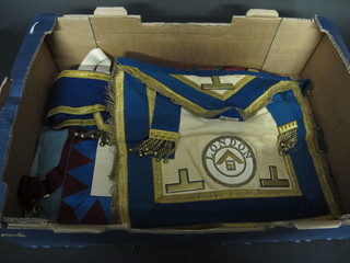 A collection of various Masonic regalia comprising London  Grand Rank full dress apron and collar, Royal Arch companion's  apron and sash, past master's apron and collar and a Scottish  Constitution apron