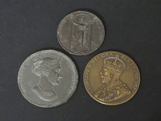 A George V bronze medallion, an Edward VIII bronze  Coronation medallion and 1 other