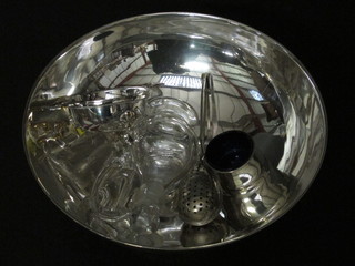 A circular white metal pedestal bowl 9", a silver plated tea strainer, do. salt, tea infuser and a small glass jug