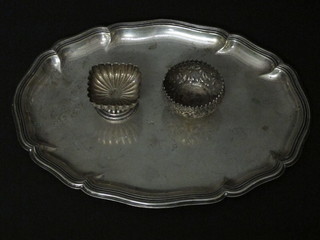 An oval white metal tray with bracketed border 9 1/2" and 2  Eastern white metal salts