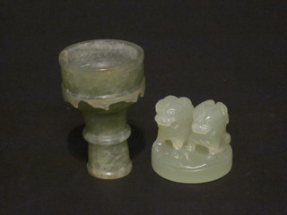 A jade coloured pedestal bowl 3" and a jade figure of 2 Dogs of  Fo 2"