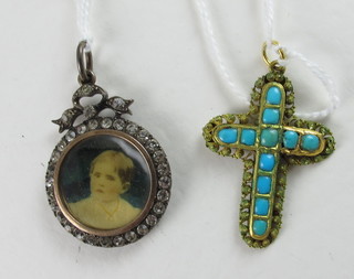 A silver gilt and brilliant set photo locket together with a gilt  metal cross set turquoise