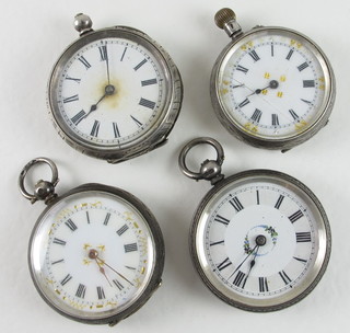 4 open faced fob watches contained in silver cases