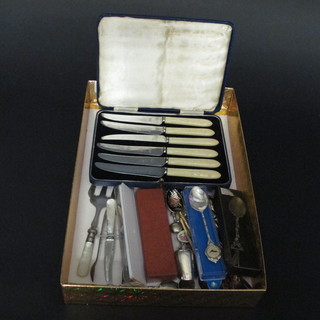 A set of 6 silver tea knives and other teaspoons etc