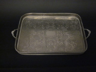 A silver plated twin handled and galleried tea tray 16"