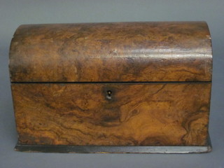 A Victorian D shaped figured walnut twin compartment tea caddy with hinged lid, no mixing bowl, 12"