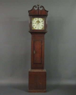 An 18th Century 30 hour striking longcase clock with 11" square  painted dial with Roman numerals, marked Bradford Tiverton  contained in an oak case 81"