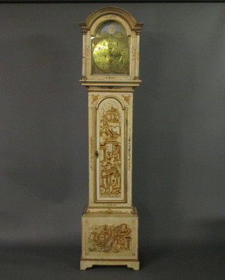 An 8 day striking longcase clock, the 12" square dial with Arabic numerals, phases of the moon, brass subsidiary second hand and  calendar hand, contained in a white lacquered chinoiserie case 81  1/2"  ILLUSTRATED