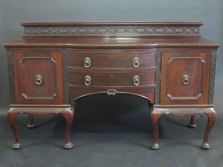 An Edwardian Georgian style mahogany bow front sideboard  with raised back, fitted 2 long drawers, raised on cabriole  supports 72"