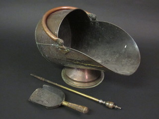 A copper helmet shaped coal scuttle with brass poker and coal  shovel