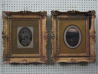 2 early black and white photographs of a lady and gentleman 6" x  4" contained in decorative gilt frames