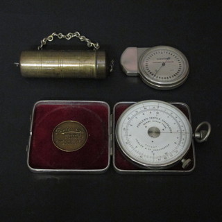 A Fowler's textile calculator together with a Scientype by Raphael's of London and a cylindrical brass canister