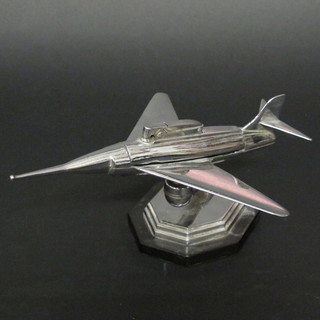 An Art Deco chromium plated table lighter in the form of a jet aircraft 9"