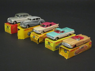 5 various Dinky Toys model cars - Rolls Royce Phantom 5  no.198, Rolls Royce Silver Reef no. 150, Packard Clipper sedan  no. 180, Chevrolet Camino no. 449, Cadillac Tourer no. 131, all  boxed