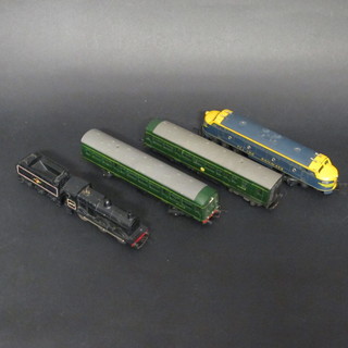 A double headed electric diesel locomotive, 1 other and a Hornby electric locomotive