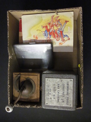 A swimming pool combined PH and Chlorine test kit, boxed, a  miniature pepper mill, pair of hair clippers, chrome cigarette case  and a set of needles