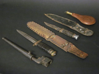 A pigstick bayonet, a leather and brass powder flask and 2  Boy Scout knives