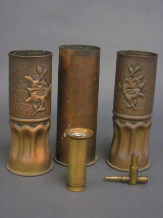 A pair of Trench Art vases formed from shell cases, 1 other  small Trench Art vase and a shell case