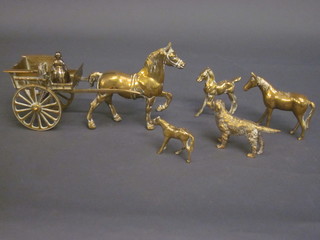 A brass figure of a horse and carriage and a collection of brass figures of dogs etc