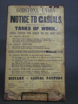 A Godstone Union workhouse paper tariff marked Godstone  Union Notice to Casuals Tasks of Work 21" x 13"