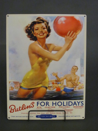 A reproduction enamelled finished and metal advertising sign - Butlins for Holiday 16" x 12"