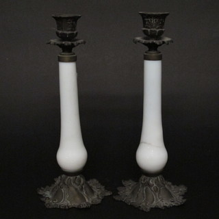 A pair of Victorian Continental opaque glass and ormolu  mounted candlesticks, 12", 1 cracked,