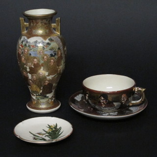 A Satsuma twin handled pottery vase decorated court figures, the  base with seal mark 7", do. cup and saucer together with a small  dish 3 1/2"