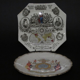 A square Victorian 1887 Jubilee plate decorated Statistics of the British Empire 10" together with a circular plate to  commemorate Lord Roberts and General Buller