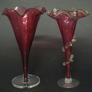 2 cranberry glass trumpet shaped vases with wavy rims 9"