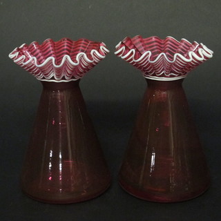 A pair of Victorian waisted cranberry glass vases with wavy rims  6 1/2"  ILLUSTRATED