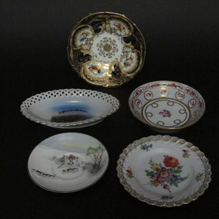 A Sevres porcelain dish with floral decoration, base with cipher  mark and DR, 5 1/2", a Rockingham style dish, a Dresden  circular dish with floral decoration, a Doulton saucer and a  German boat shaped ribbonware dish