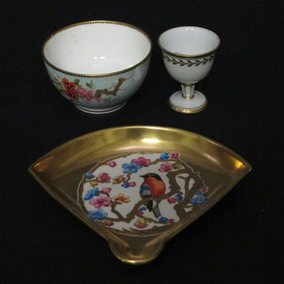 A 19th Century Coalport fan shaped dish decorated bird with gilt banding 6", a Granger Worcester turquoise ground bowl with  floral decoration and gilt banding 3 1/2" and a porcelain egg cup  2"
