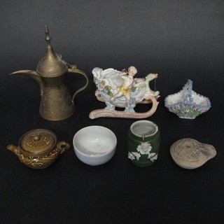 A terracotta oil lamp, brass Turkish coffee pot and other curios  etc